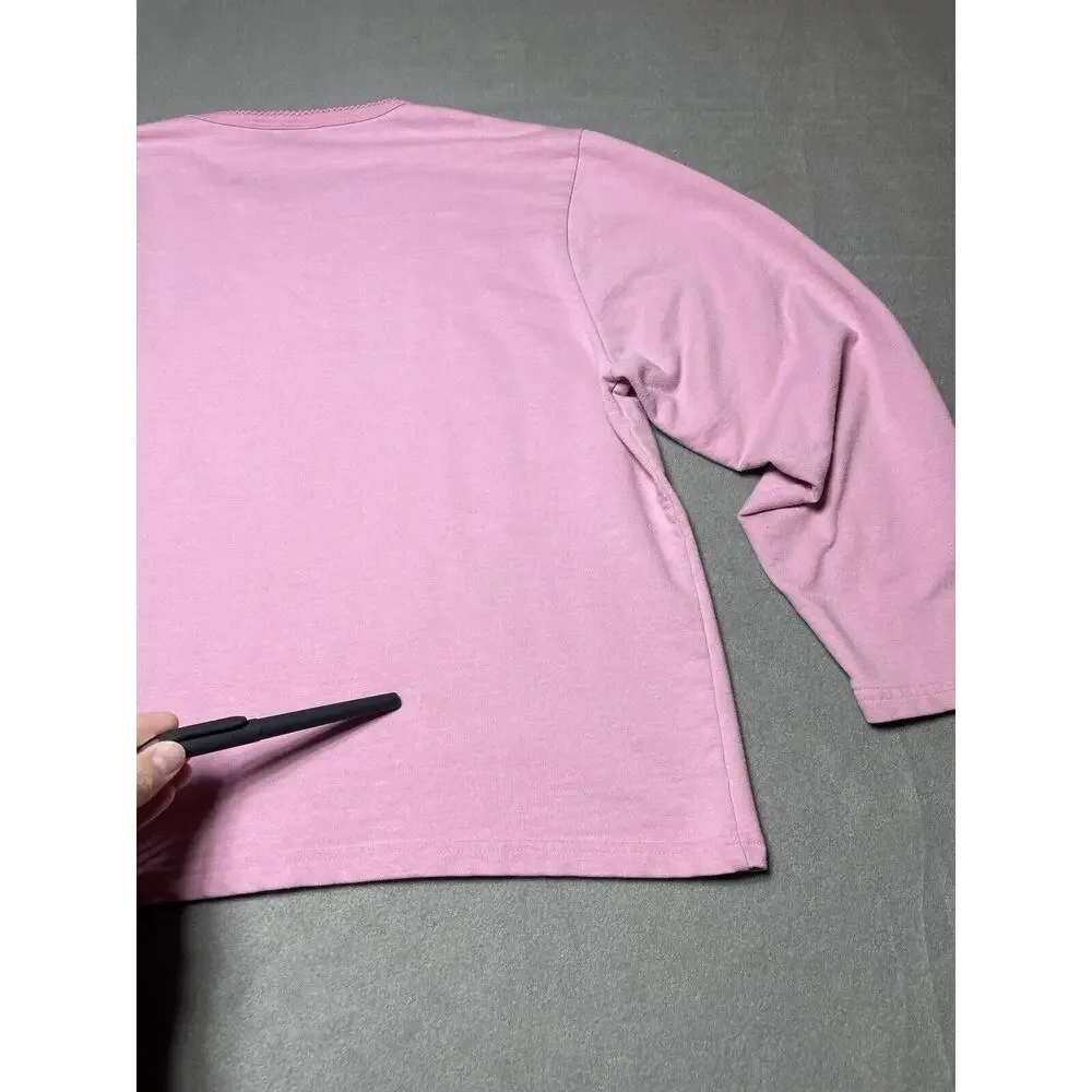 Womens XL Pink Embroidered Shirt 3/4 Sleeves Grandma Cottage Core Floral Cropped